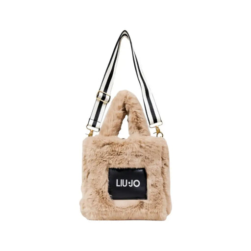 Furry beige Liu Jo polyester handbag with black and white striped shoulder strap