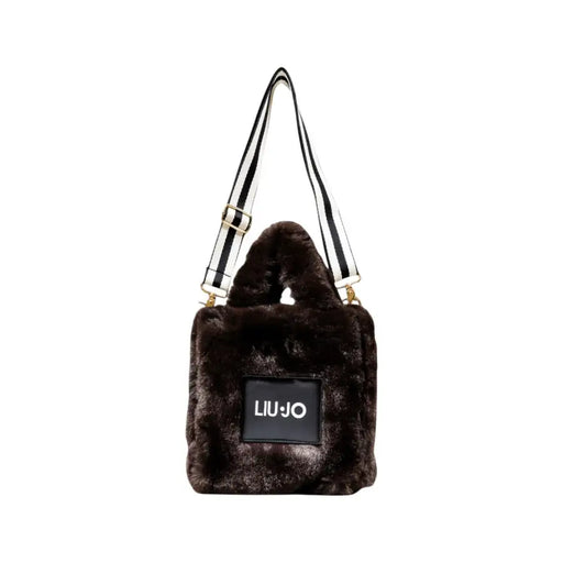 Dark brown faux fur shoulder bag with black and white striped strap for Liu Jo Beige Handbag