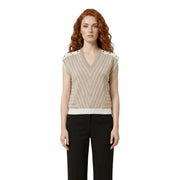 Liu Jo beige sleeveless knit blouse with white vertical stripes v-neckline and decorative shoulder buttons