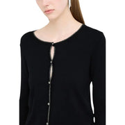 Liu Jo black button front long sleeve knit cardigan with subtle shimmering trim along neckline and placket