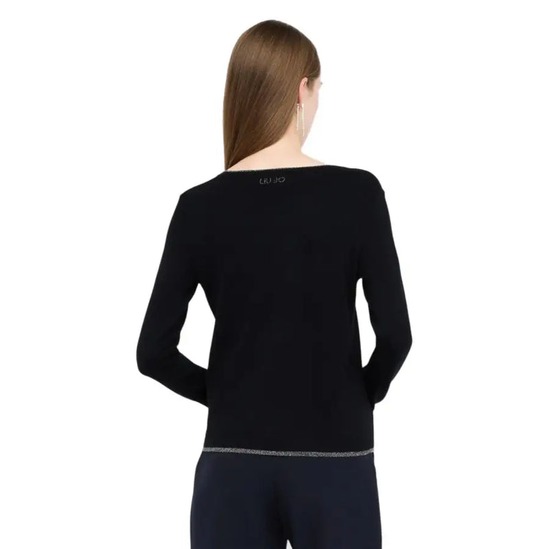 Liu Jo black long sleeve knit cardigan with button front, subtle shimmering trim, and embroidered logo at neckline