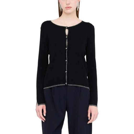 Liu Jo black long sleeve knit cardigan with silver beaded trim along neckline front placket and cuffs
