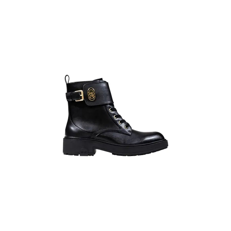 Liu Jo black faux leather ankle boot with laces gold-tone buckle and side zip closure