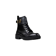 Liu Jo black faux leather ankle boots with gold buckle and laces
