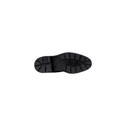 Black rubber sole with deep tread pattern and embossed logo on liu jo black faux leather ankle boots with zip