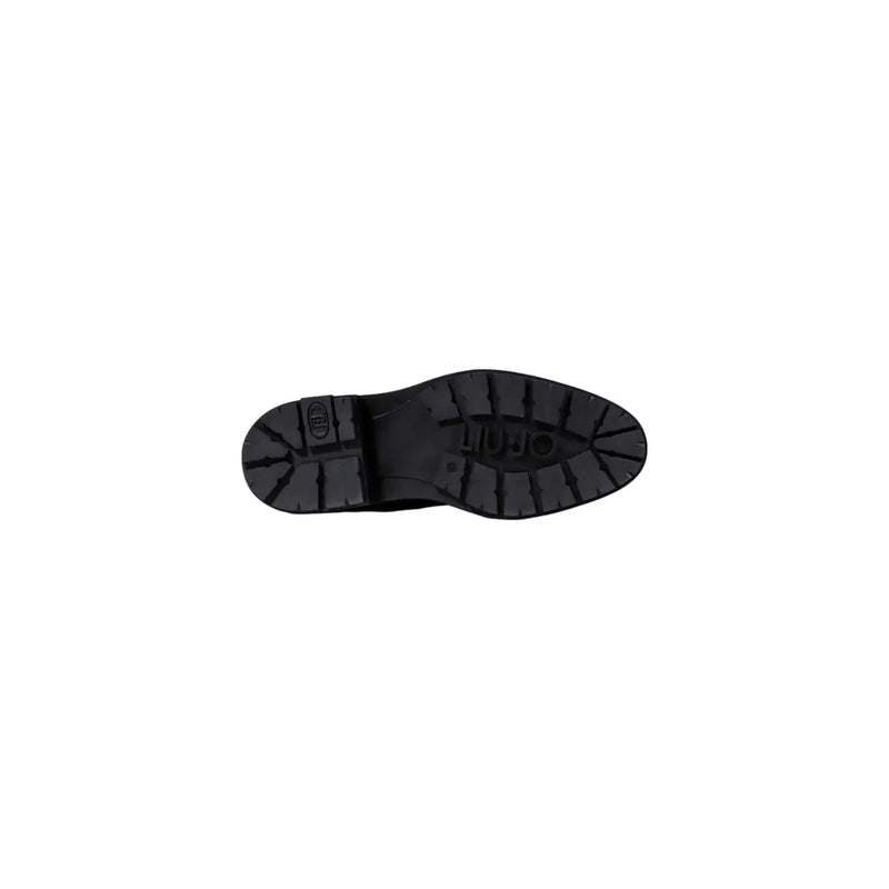 Black rubber sole with deep tread pattern and embossed logo on liu jo black faux leather ankle boots with zip