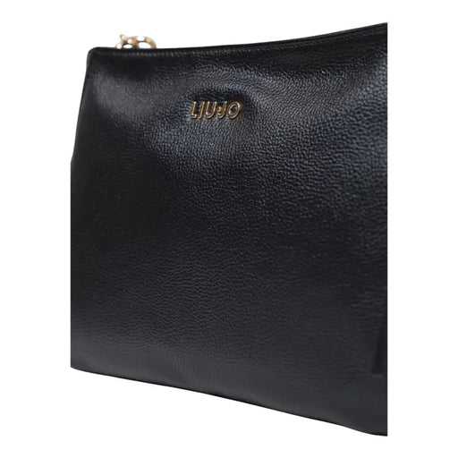 Liu Jo black leather clutch handbag with gold-tone logo, zipper pull, shoulder strap, and zip pocket