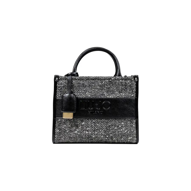 Black and white herringbone tote bag with black handle and gold charm for Liu Jo women’s handbag