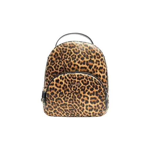 Liu Jo black leopard print polyurethane backpack with glossy finish zip pockets and embossed luisa brand name on front