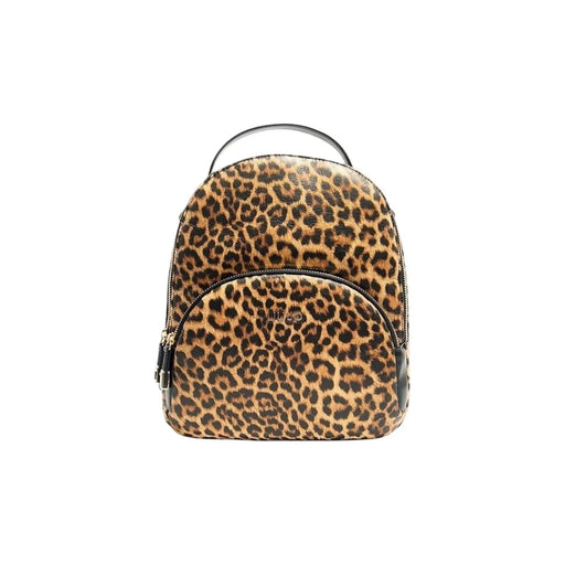 Liu Jo black leopard print polyurethane backpack with glossy finish zip pockets and embossed luisa brand name on front