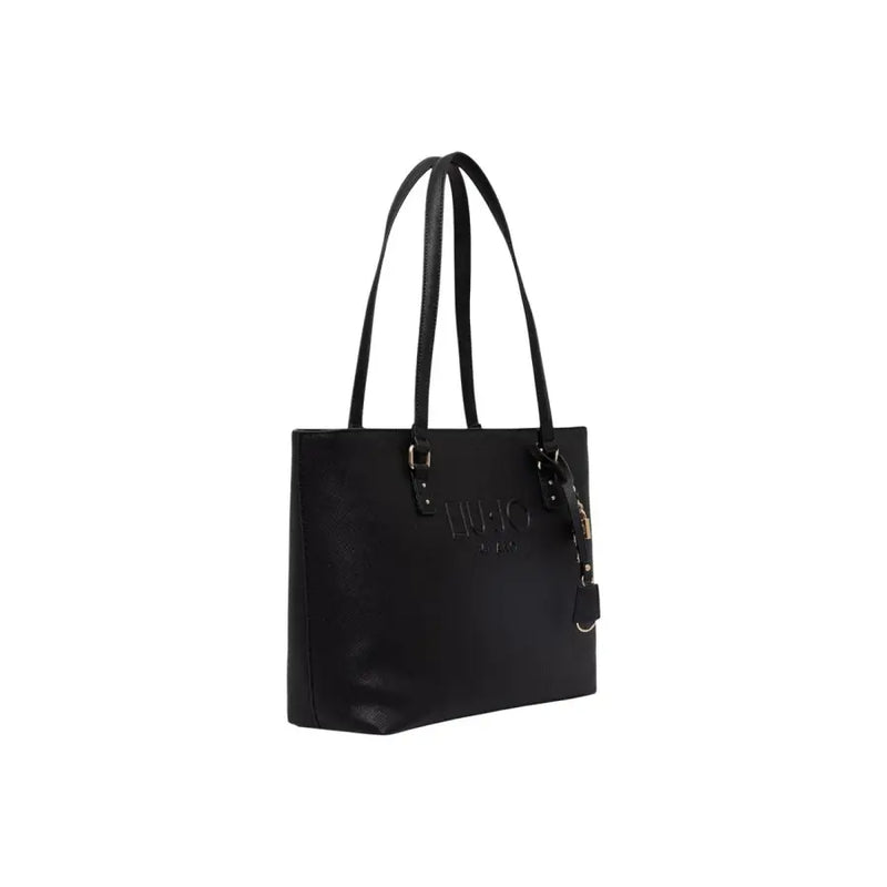 Liu jo black leather tote bag with embossed logo and matching shoulder straps featuring an inside pocket