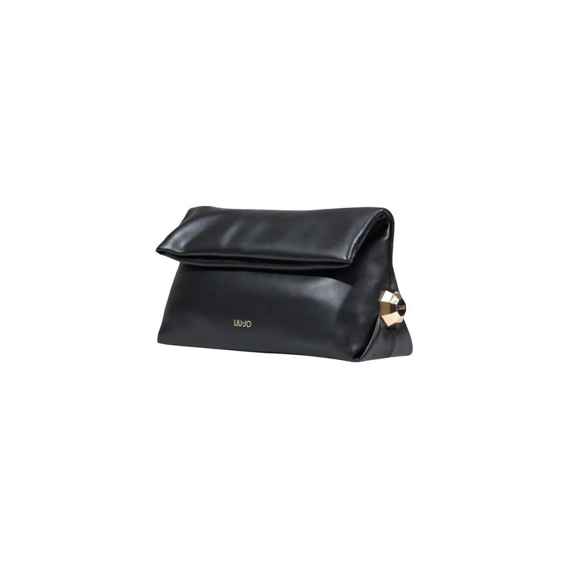 Liu Jo black polyurethane handbag with interior pocket featuring a black leather clutch and gold-tone geometric clasp