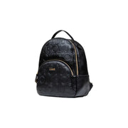 Black faux leather Liu Jo backpack with embossed logo pattern and gold-tone zippers