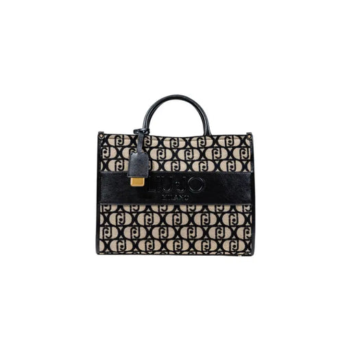 Black and beige patterned tote bag with top handle and decorative charm for Liu Jo handbag