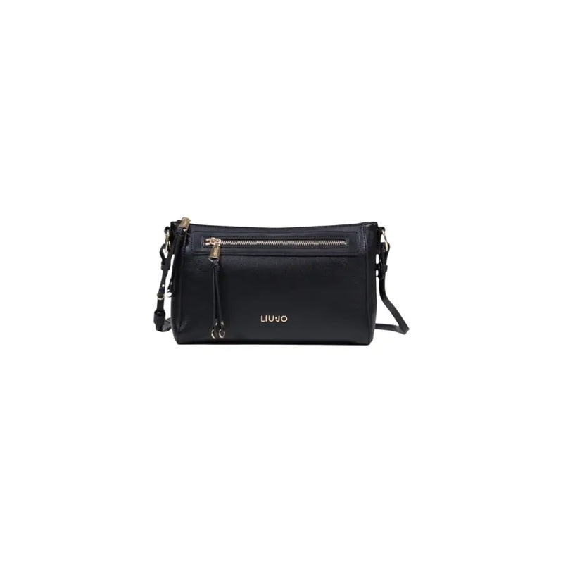 Liu Jo black zippered shoulder bag with pockets featuring textured leather finish and gold-tone zippers
