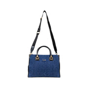 Blue denim-like Liu Jo handbag with black trim, top handles, and detachable shoulder strap
