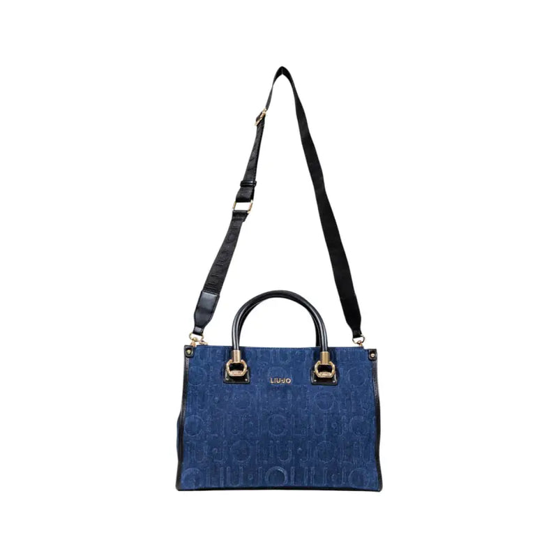 Blue denim-like Liu Jo handbag with black trim, top handles, and detachable shoulder strap