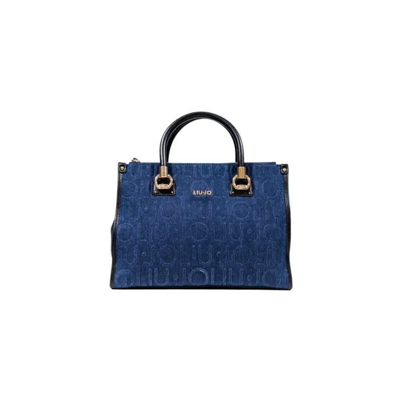 Blue denim-like Liu Jo handbag with black handles, gold hardware, and patterned design
