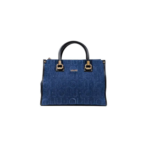 Blue denim-like Liu Jo handbag with black handles, gold hardware, and patterned design