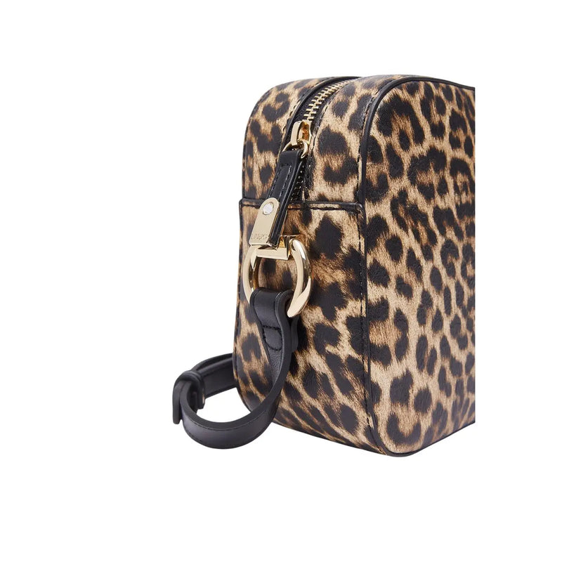 Liu jo brown leopard print rectangular crossbody bag with gold-tone hardware and black leather strap and zip pocket