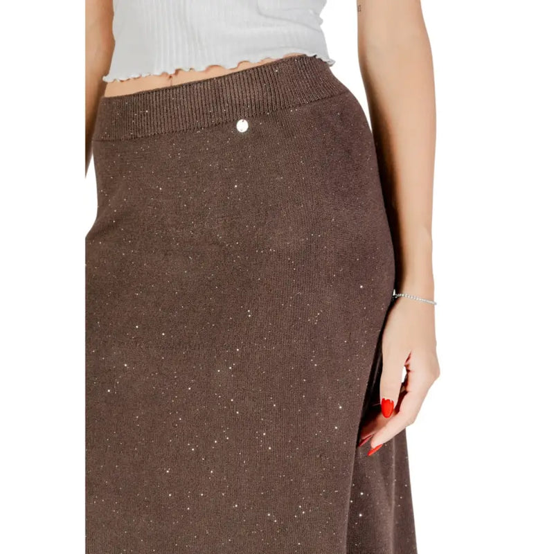 Liu jo brown knit midi polka dot skirt with subtle glittery texture and ribbed waistband for fall winter