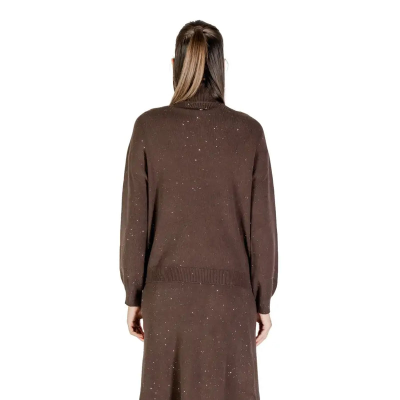 Liu Jo brown polka dot turtleneck knitwear for women featuring a brown knit sweater with subtle sparkling embellishments