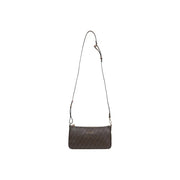 A sleek dark brown Liu Jo crossbody bag with repeating monogram pattern silver-tone hardware and inside pocket