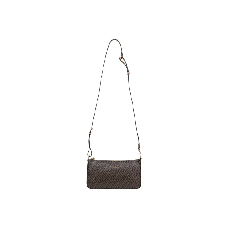 A sleek dark brown Liu Jo crossbody bag with repeating monogram pattern silver-tone hardware and inside pocket
