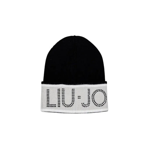 Black knit beanie with white fold-over cuff and LIU JO spelled in black studs