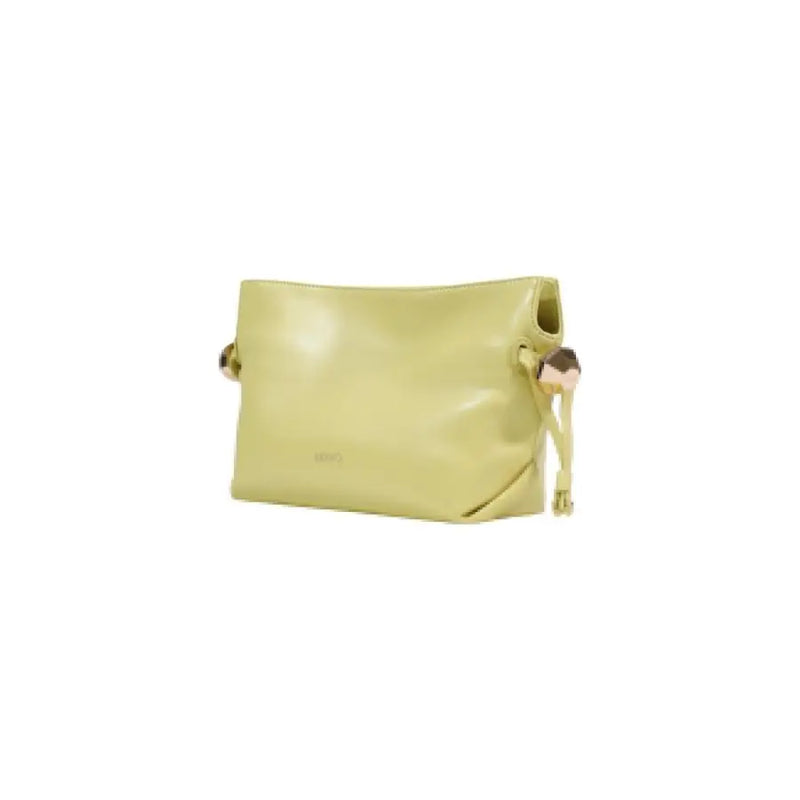 A sleek pale green leather Liu Jo clutch with gold hardware and matching wrist strap featuring an inside pocket