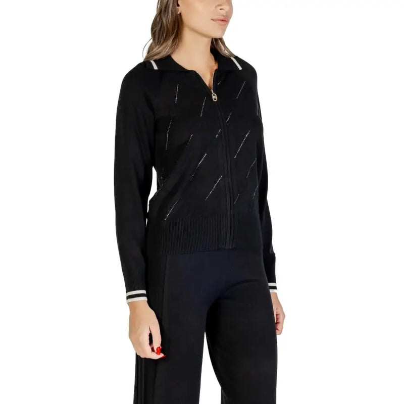 Liu Jo long black zip cardigan for women knit with white diagonal stitch accents and ribbed cuffs
