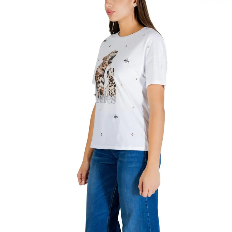 Liu jo white cotton short-sleeved t-shirt with leopard and giraffe rhinestone print detail on front