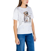 Liu Jo white cotton t-shirt with short sleeves and rhinestone print detail featuring two leopards design