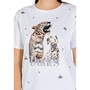 Liu Jo white cotton t-shirt with bold leopard and dalmatian graphic and rhinestone collar accents with glittery dudes lettering
