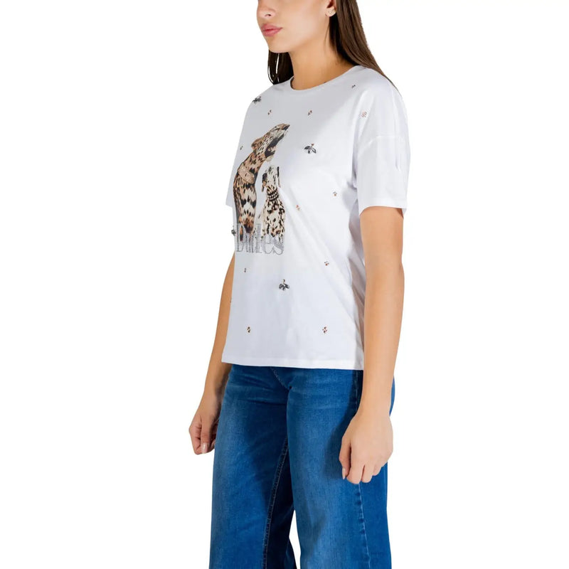 Liu jo white cotton short-sleeved t-shirt with leopard and giraffe rhinestone print detail on front