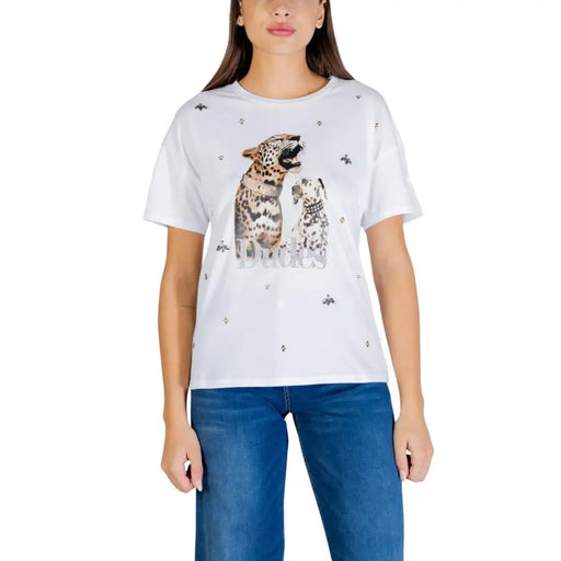 Liu jo white cotton short-sleeved t-shirt with detailed leopard and puppy graphic and rhinestone embellishments