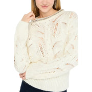 Liu Jo white long sleeve rhinestone knit sweater in cream with intricate lace patterns and silver chain trim neckline