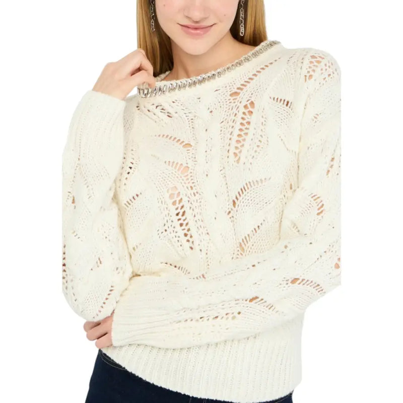 Liu Jo white long sleeve rhinestone knit sweater in cream with intricate lace patterns and silver chain trim neckline