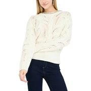 Liu Jo white long sleeve rhinestone knit sweater in cream with intricate lace patterns and beaded neckline