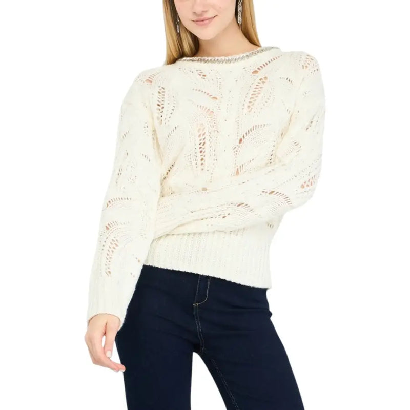 Liu Jo white long sleeve rhinestone knit sweater in cream with intricate lace patterns and beaded neckline