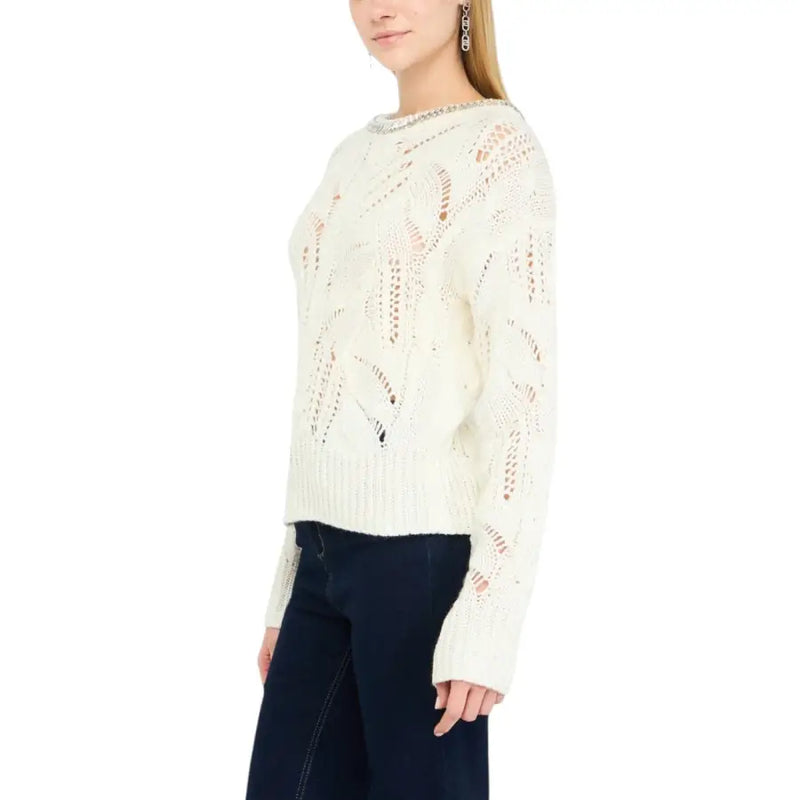 Liu Jo white long sleeve rhinestone knit sweater in cream with intricate lace-like patterns and embellished neckline