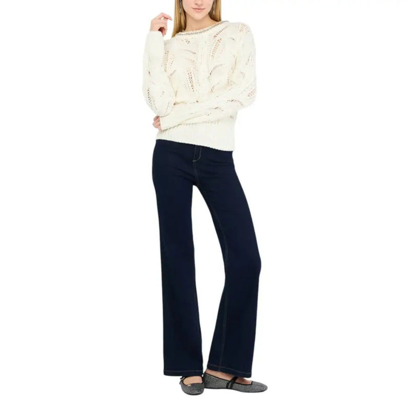 Liu Jo cream-colored long sleeve rhinestone knit sweater with intricately knitted openwork pattern and decorative neckline