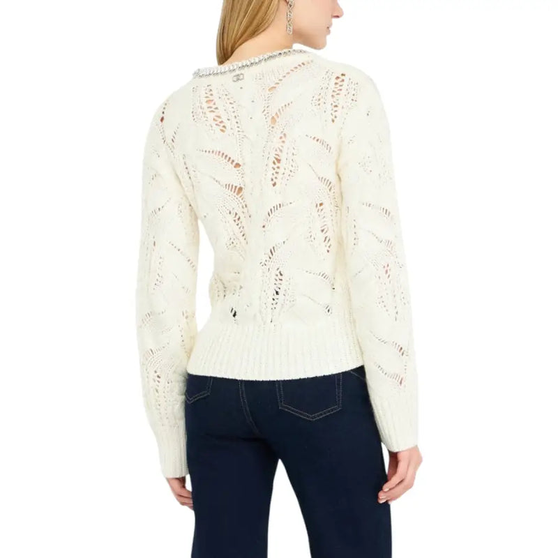 Liu Jo white long sleeve rhinestone knit sweater in cream with intricate leaf lacework and ribbed hem detail