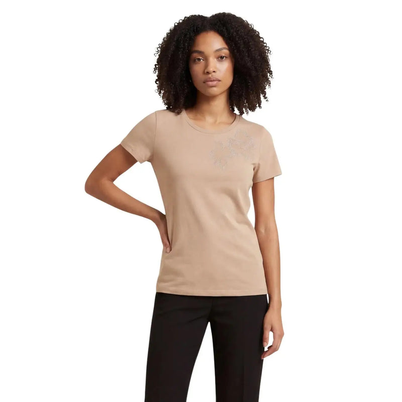 Liu Jo women beige cotton round neck short sleeve t shirt with a soft fitted silhouette and subtle texture