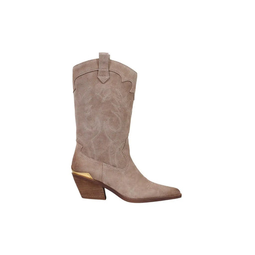Liu Jo Bottines pour femmes en cuir beige, à talon bloc, semelle en bois, en daim et motifs décoratifs cousus.