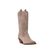 Liu Jo women beige leather block heel ankle boots with suede floral embroidery and wooden block heel