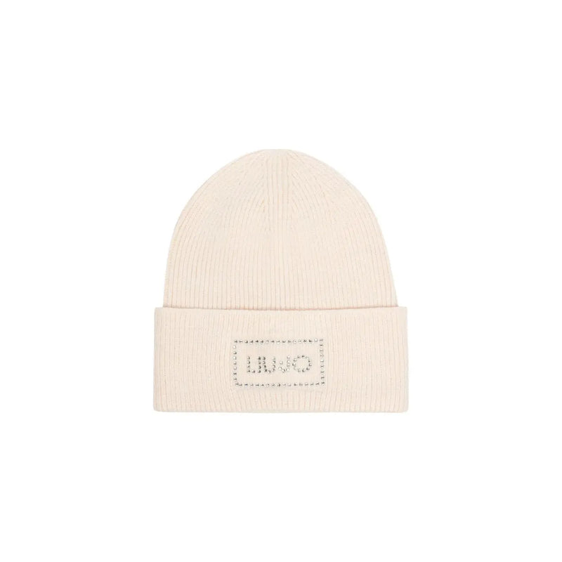 Liu Jo women beige ribbed knit polyester beanie with a folded cuff and silver embroidered livio logo