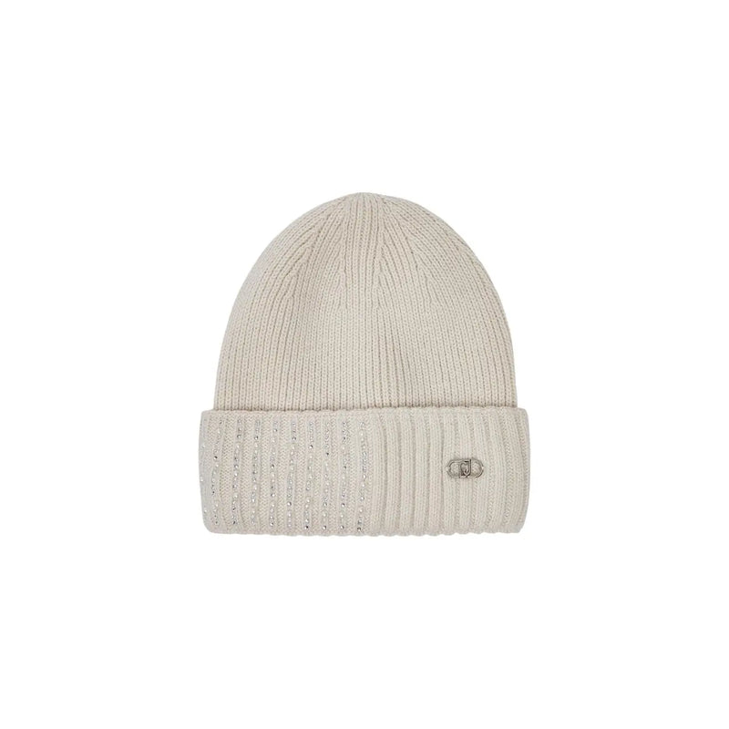 Liu jo women beige polyester ribbed knit beanie with folded cuff sparkling embellishments and metallic logo