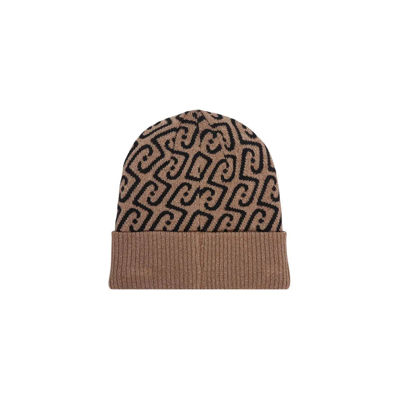 Liu Jo women beige polyester cap knitted beanie with black logo pattern and ribbed cuff