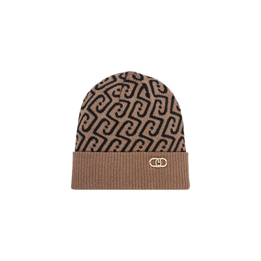 Liu Jo Bonnet beige en polyester pour femme, orné d'un motif C noir entrelacé et d'une plaque logo or rose sur le bord-côte.